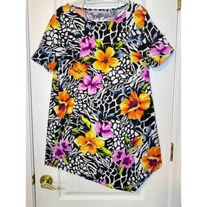 Roaman’s Tunic Top or Mini Dress Geometric Floral Artsy Print -Medium